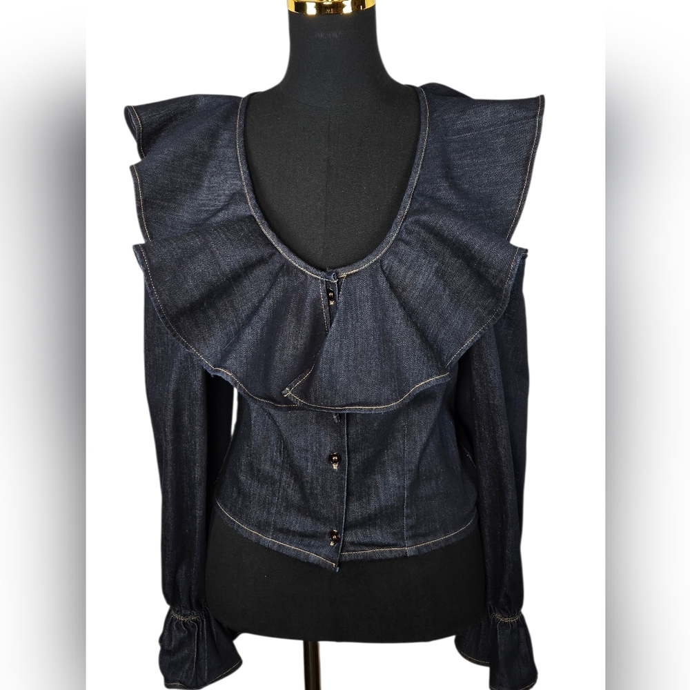 The Attico Ruffle Denim Blouse Scoop Neck Cold Shoulder Made in Italy | US Small - Picture 3 of 11